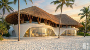 Phối cảnh tổng thể Sand Dune Retreat của H2 Architects với mái lá uốn cong và khung tre bên bãi biển